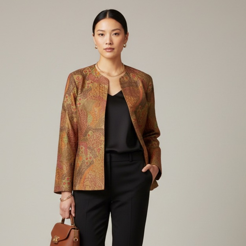 Chico's‎ Embroidered Floral Jacket Lightweight Brown Multicolored